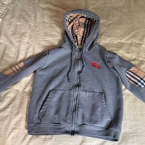 Burberry London Kids Gray Cotton Zip Up Hoodie with Nova Check elbow patches.